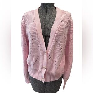 Crown & Ivy cotton candy pink all cotton V-neck cardigan pointelle sweater Large